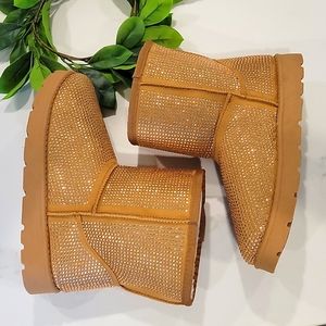 Tan Fur Boots with Gold Rhinestone Studded Glitter Winter Bling Bootie